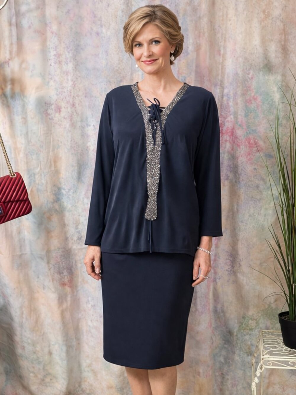 📌Venus Mother of the Bride - Formal Silver Sparkle V-Neckline Knee Length Dress